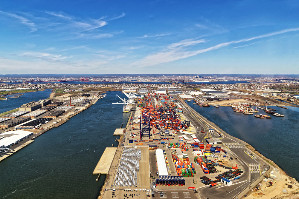 Aerial view of Global Container terminals in Bayonne, New Jersey. GCT is the terminal in the harbor servicing large vessels and cargo.